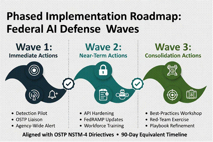 Title: Roadmap Infographic - Description: Timeline showing Wave 1, 2, and 3 actions for federal AI defense implementation Title: Roadmap Infographic - Description: Timeline showing Wave 1, 2, and 3 actions for federal AI defense implementation